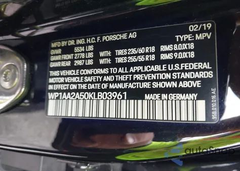 2019 Porsche Macan from USA, damaged, VIN WP1AA2A50KLB03961